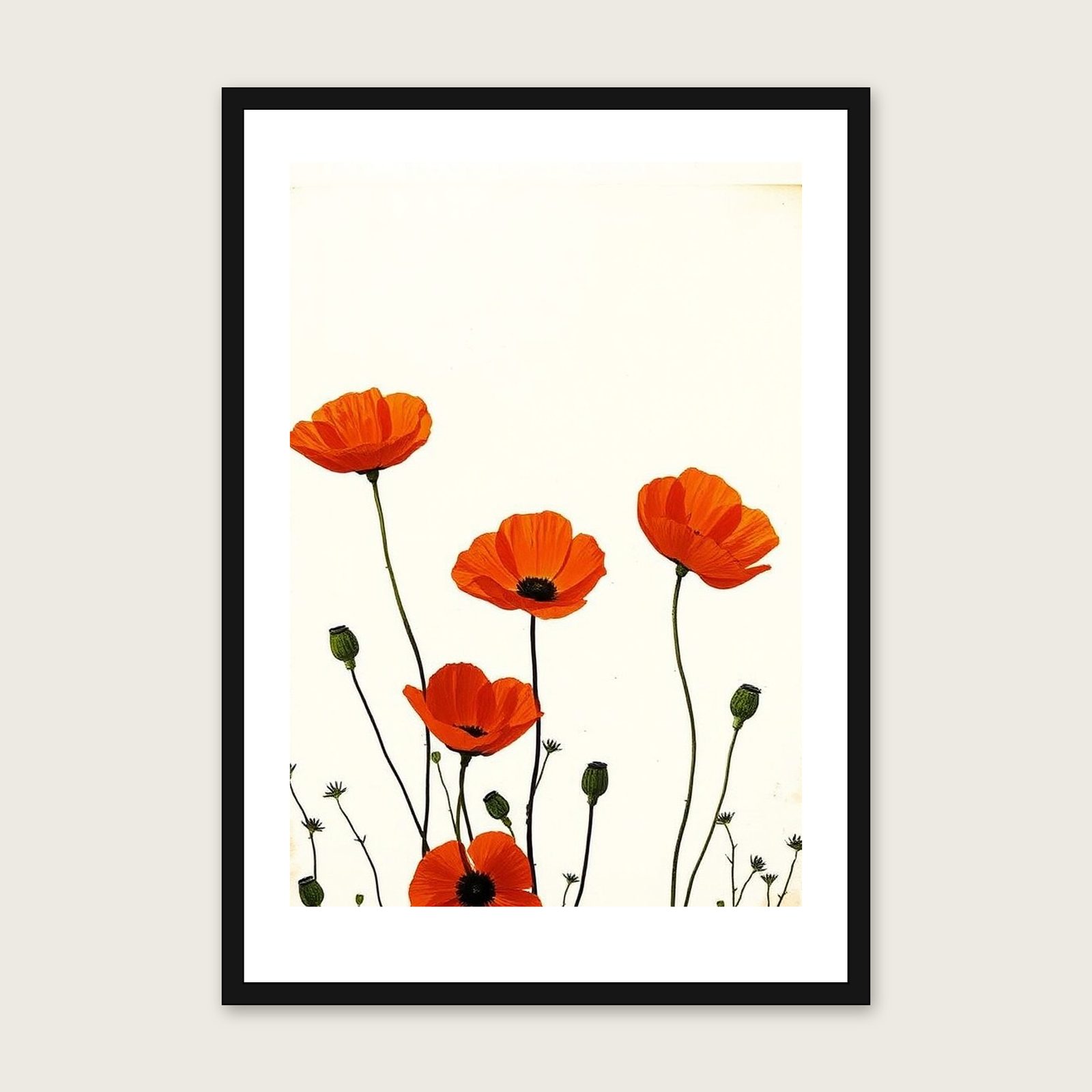 Wild Poppies Monotype Print - Framed Two Tone Botanical Wall Art in a black frame
