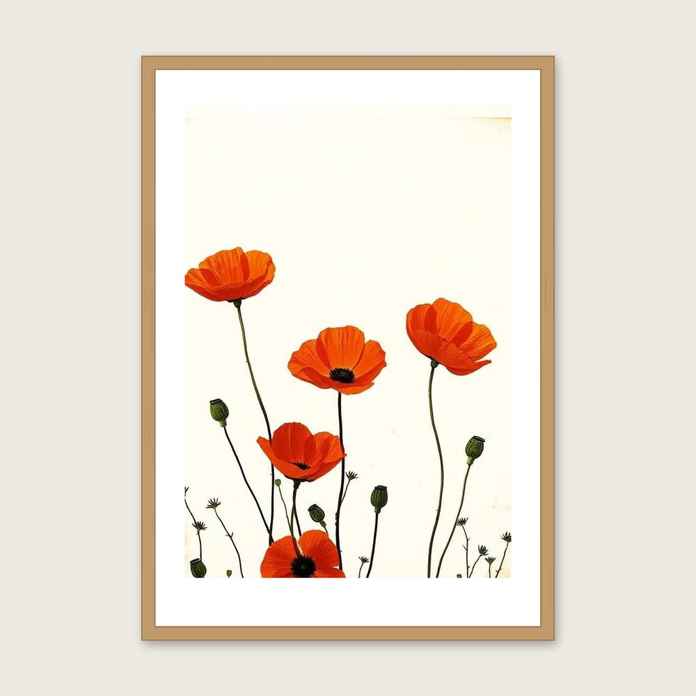 Wild Poppies Monotype Print - Framed Two Tone Botanical Wall Art in a oak frame
