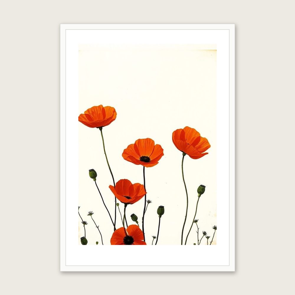 Wild Poppies Monotype Print - Framed Two Tone Botanical Wall Art in a white frame