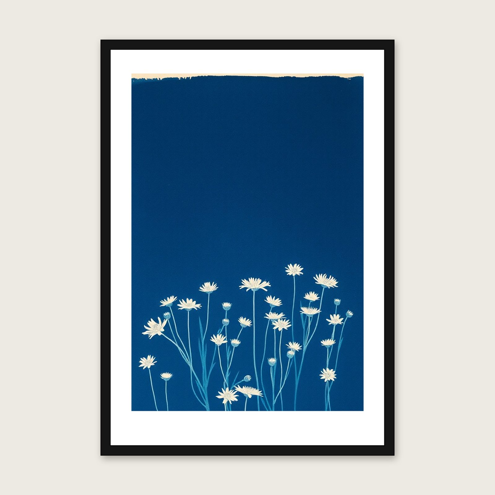 Scabious Field Botanical Wall Art - Framed Two Tone Cyanotype Print in a black frame