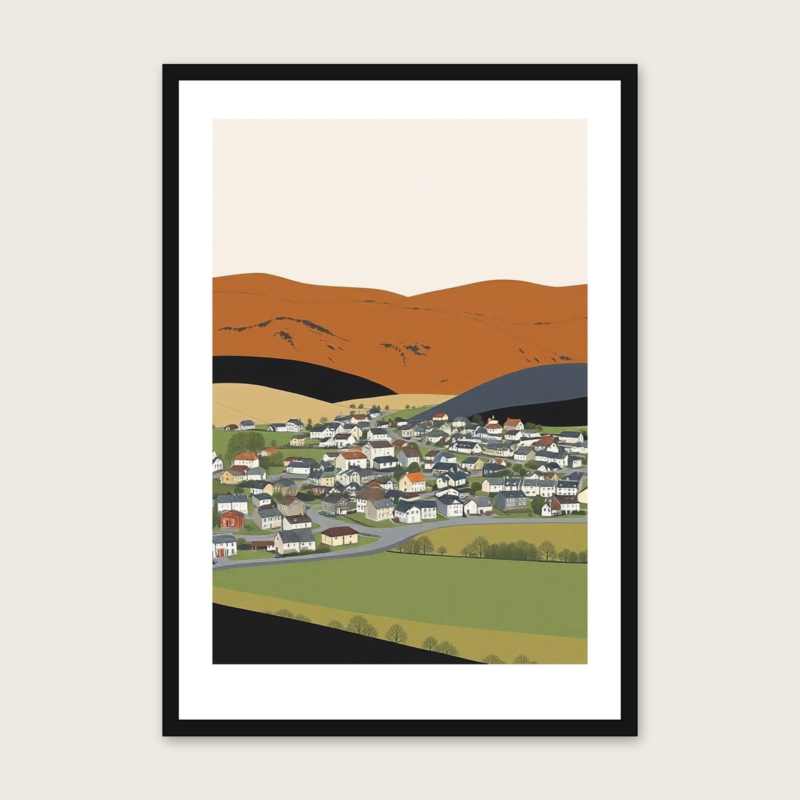 Whernside Gouache Print - Framed Two Tone Landscape Wall Art shown in a black frame