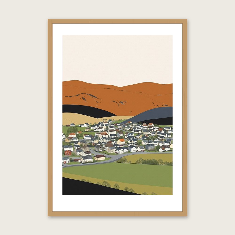 Whernside Gouache Print - Framed Two Tone Landscape Wall Art - Oak Frame, A3