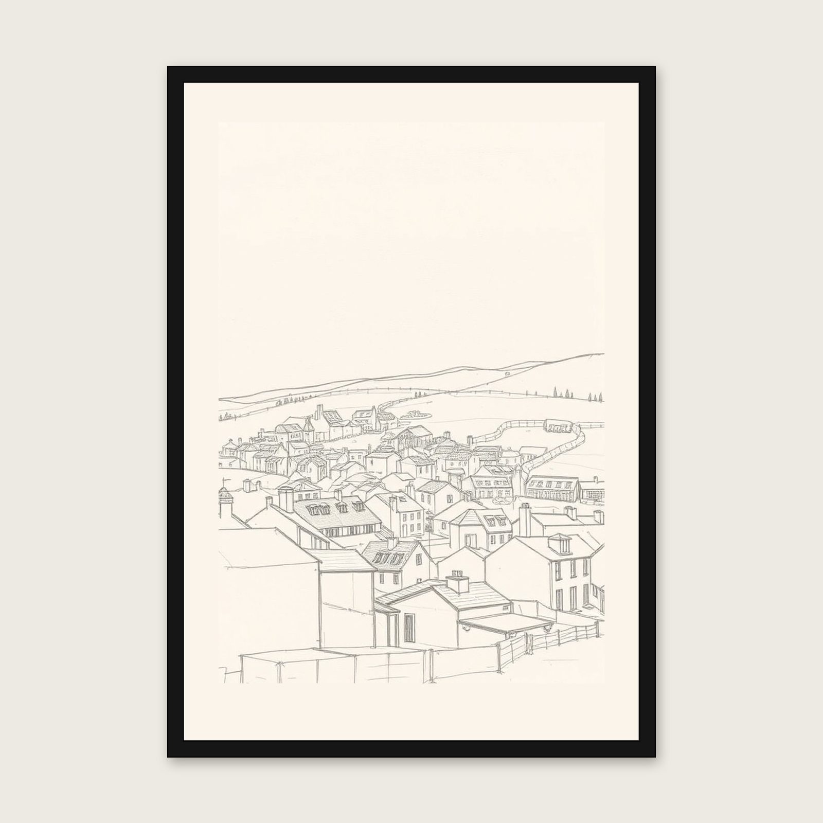 Cadgwith Pencil Sketch Print - Framed Neutral & Beige Landscape Wall Art - Black Frame, A3