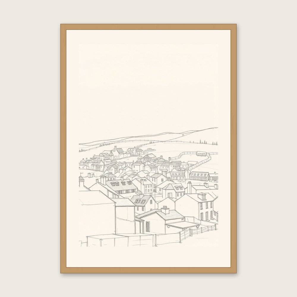 Cadgwith Pencil Sketch Print - Framed Neutral & Beige Landscape Wall Art - Oak Frame, A3