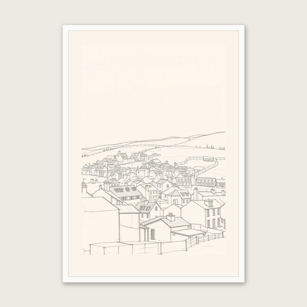 Cadgwith Pencil Sketch Print - Framed Neutral & Beige Landscape Wall Art - White Frame, A3
