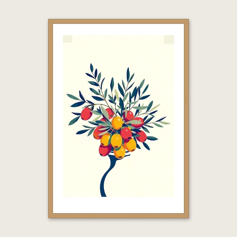 Olive Branch and Fruit Botanical Wall Art - Framed Colourful Riso Print in a oak frame