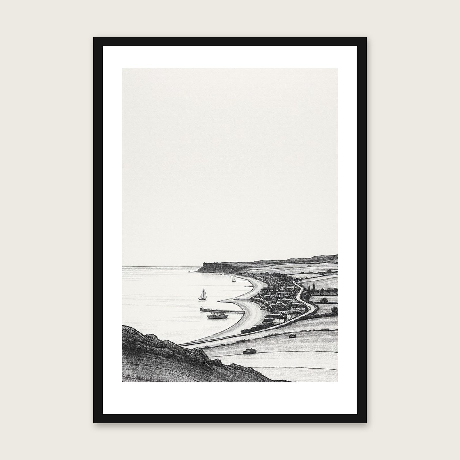 Framed Charcoal Print of Druridge Bay - Black & White Landscape Wall Art - Black Frame, A3