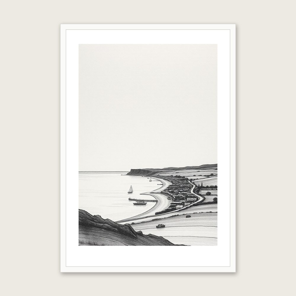 Framed Charcoal Print of Druridge Bay - Black & White Landscape Wall Art - White Frame, A3