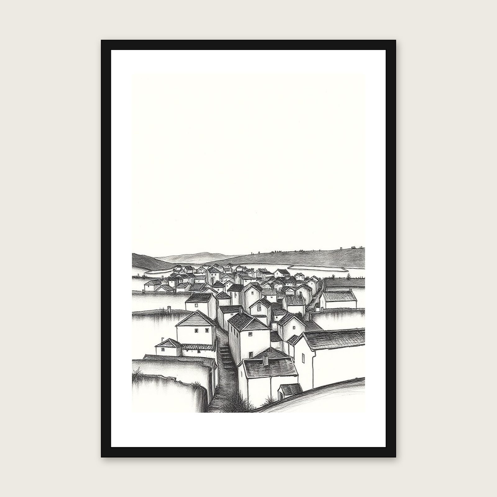 Hen Cloud - Framed Charcoal Landscape Print in Black & White shown in a black frame