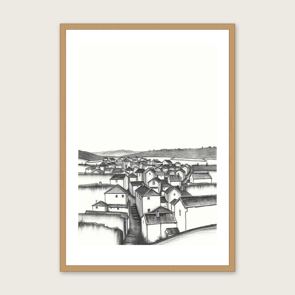 Hen Cloud - Framed Charcoal Landscape Print in Black & White - Oak Frame, A3