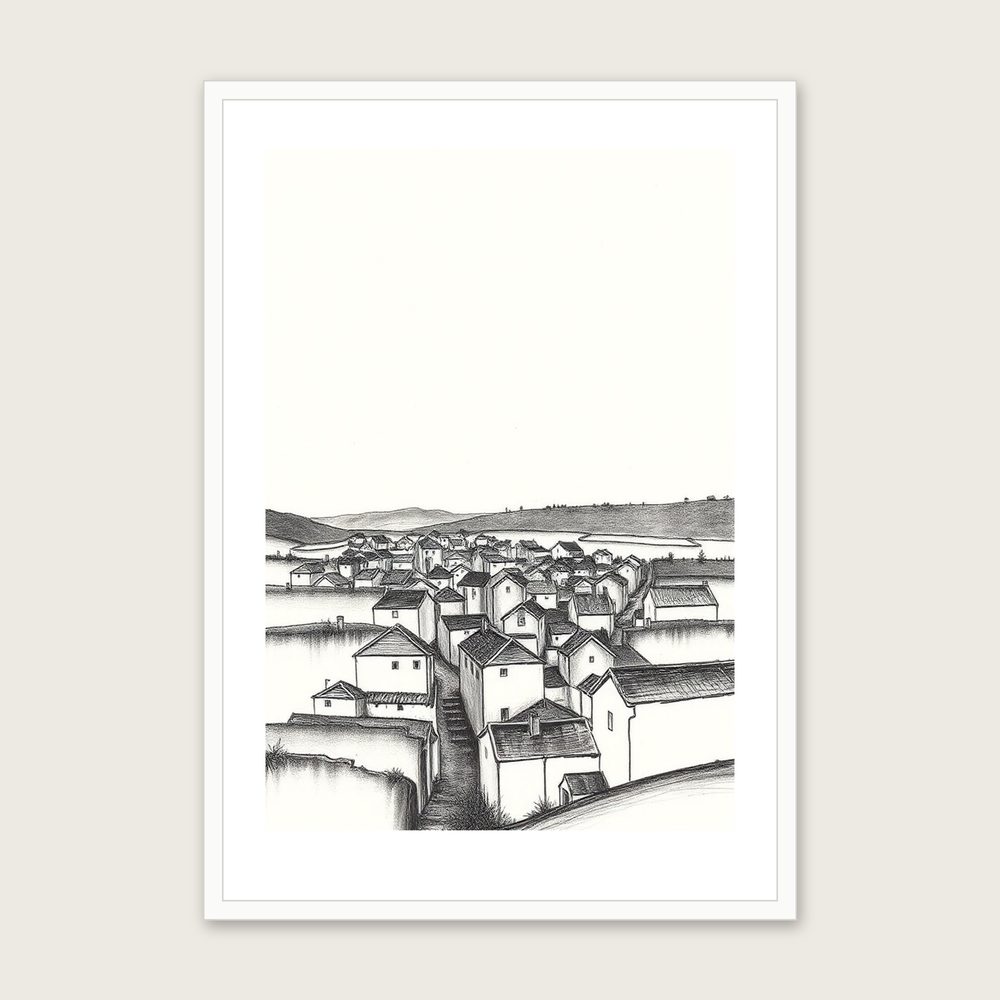 Hen Cloud - Framed Charcoal Landscape Print in Black & White - White Frame, A3
