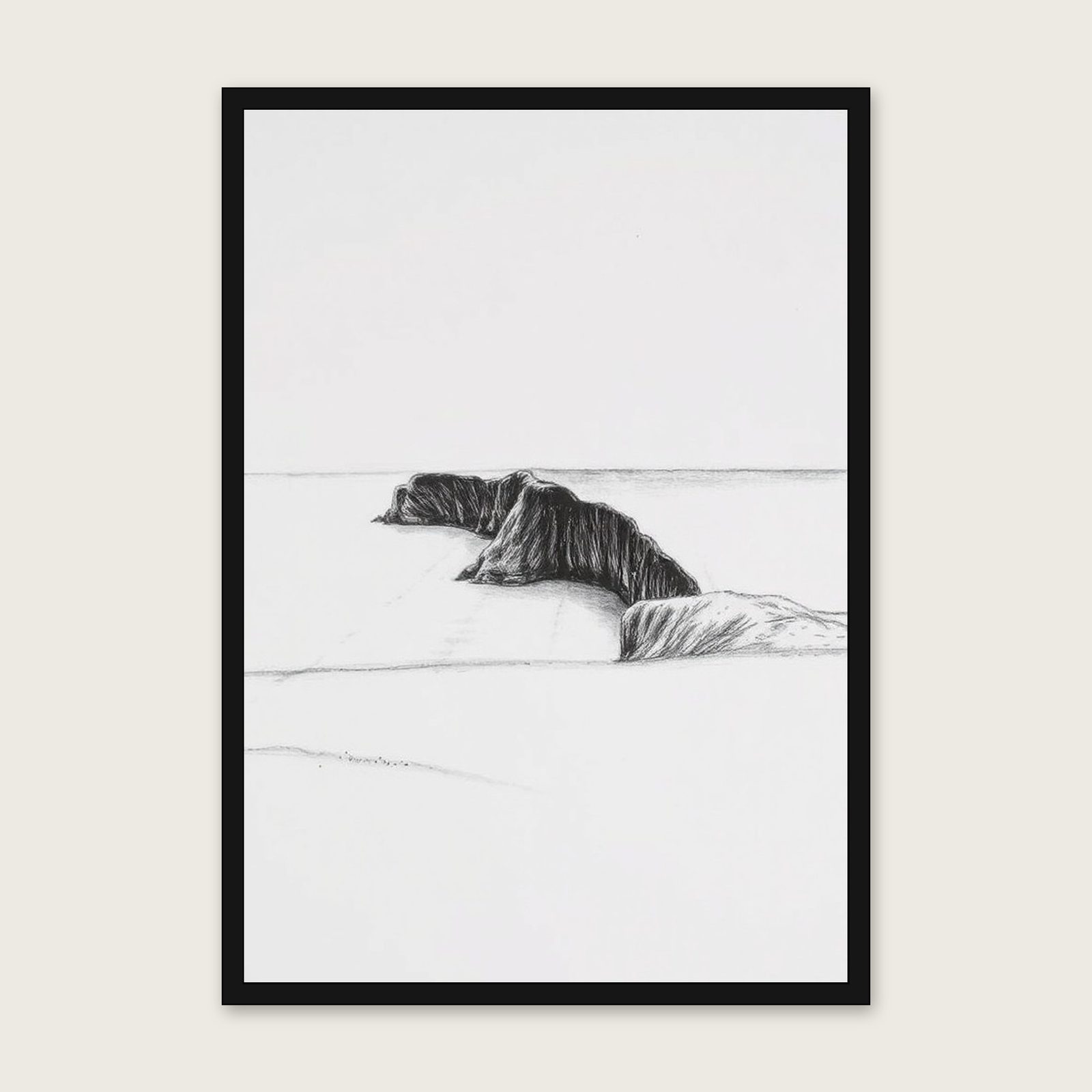 Framed Charcoal Print of Perranporth - Black & White Landscape Wall Art in a black frame