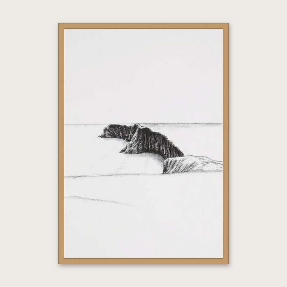 Framed Charcoal Print of Perranporth - Black & White Landscape Wall Art - Oak Frame, A3