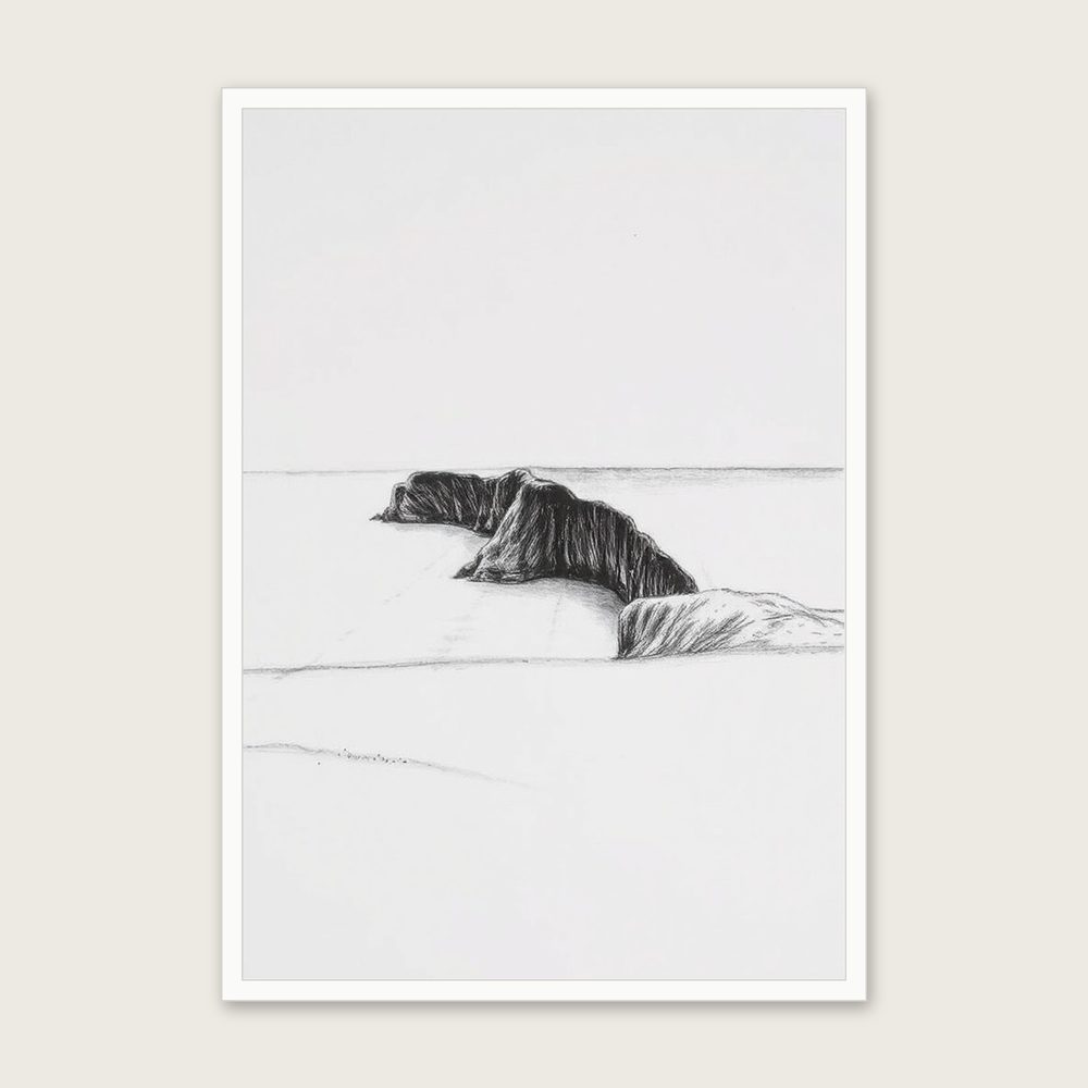 Framed Charcoal Print of Perranporth - Black & White Landscape Wall Art - White Frame, A3