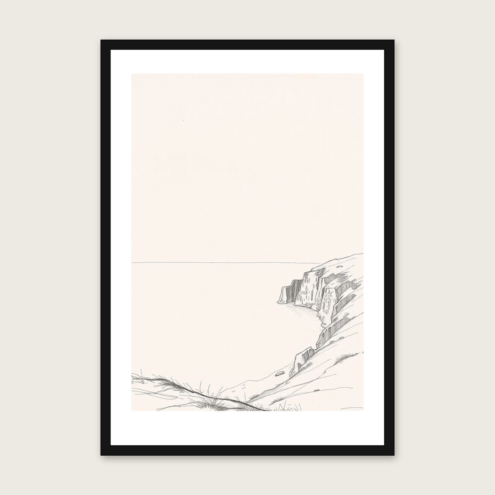 Framed Pencil Sketch Print of Lulworth Cove - Neutral & Beige Landscape Wall Art in a black frame