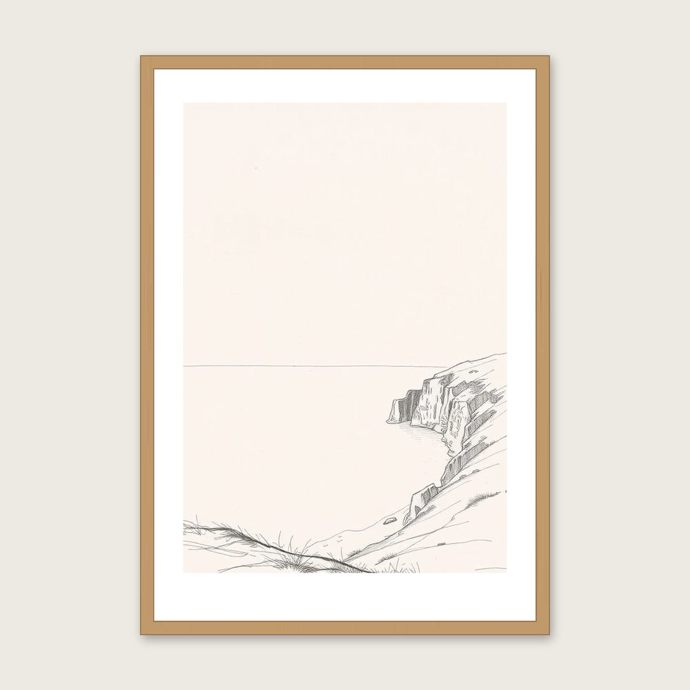 Framed Pencil Sketch Print of Lulworth Cove - Neutral & Beige Landscape Wall Art in a oak frame