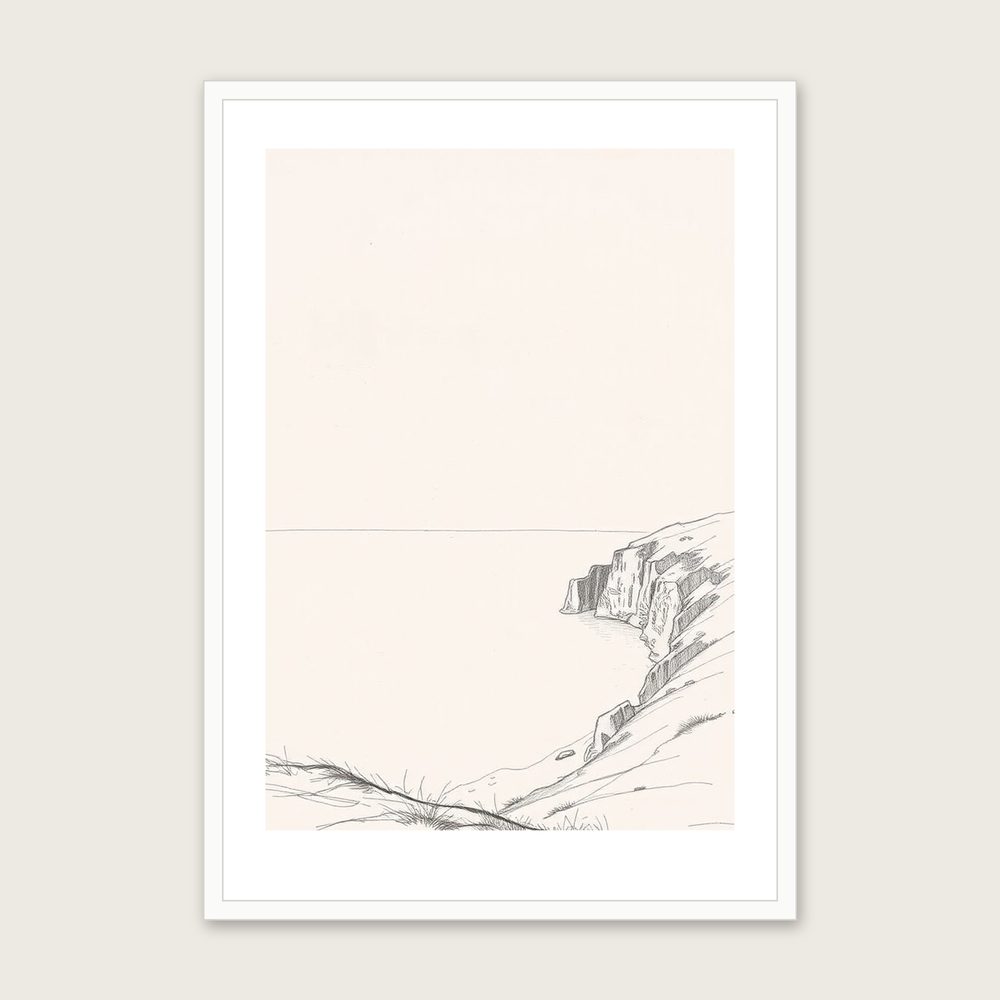 Framed Pencil Sketch Print of Lulworth Cove - Neutral & Beige Landscape Wall Art in a white frame