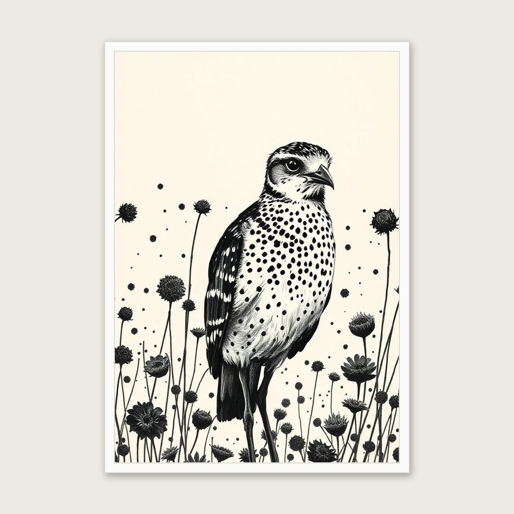 Framed Ink Wash Print of Curlew - Black & White Animal Wall Art in a white frame
