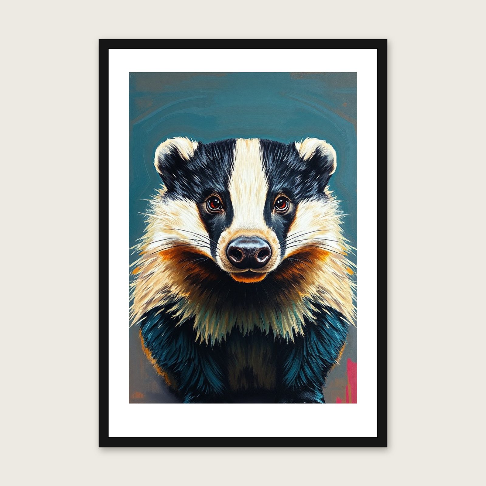 Framed Impasto Print of Badger - Colourful Animal Wall Art shown in a black frame