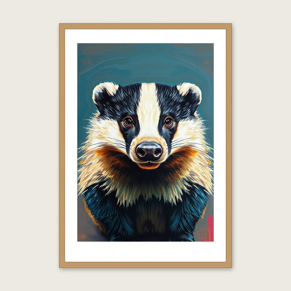 Framed Impasto Print of Badger - Colourful Animal Wall Art - Oak Frame, A3