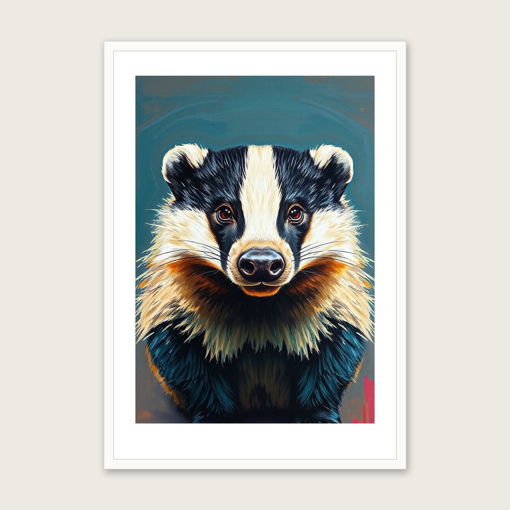 Framed Impasto Print of Badger - Colourful Animal Wall Art - White Frame, A3