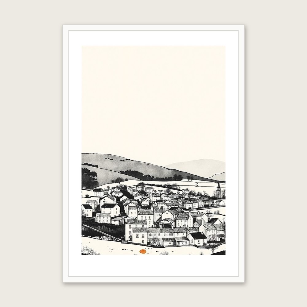 Tarn Hows Ink Wash Print - Framed Neutral & Beige Landscape Wall Art - White Frame, A3