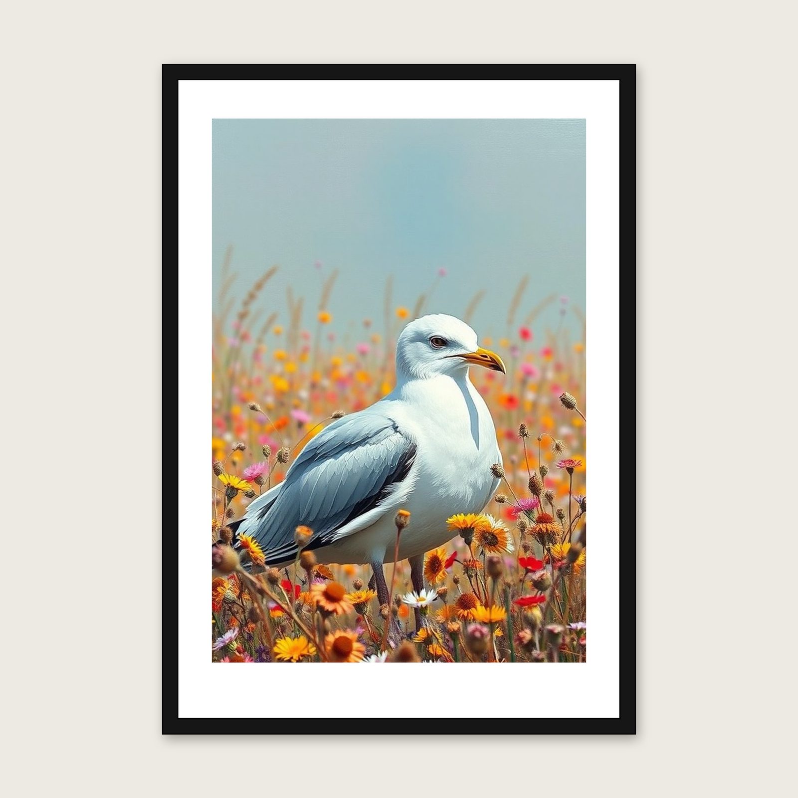 Framed Palette Knife Print of Herring Gull - Colourful Animal Wall Art shown in a black frame