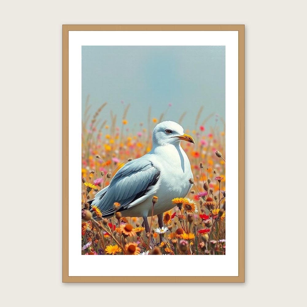 Framed Palette Knife Print of Herring Gull - Colourful Animal Wall Art in a oak frame