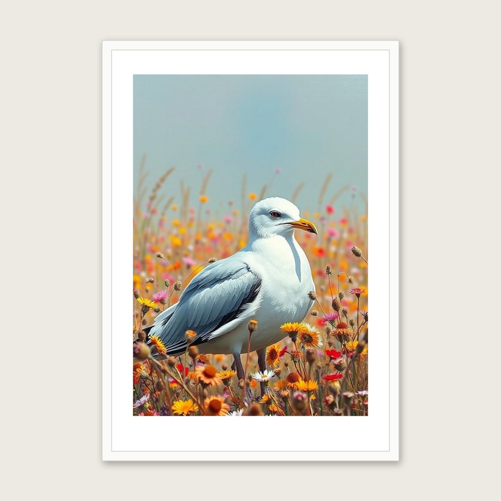Framed Palette Knife Print of Herring Gull - Colourful Animal Wall Art in a white frame