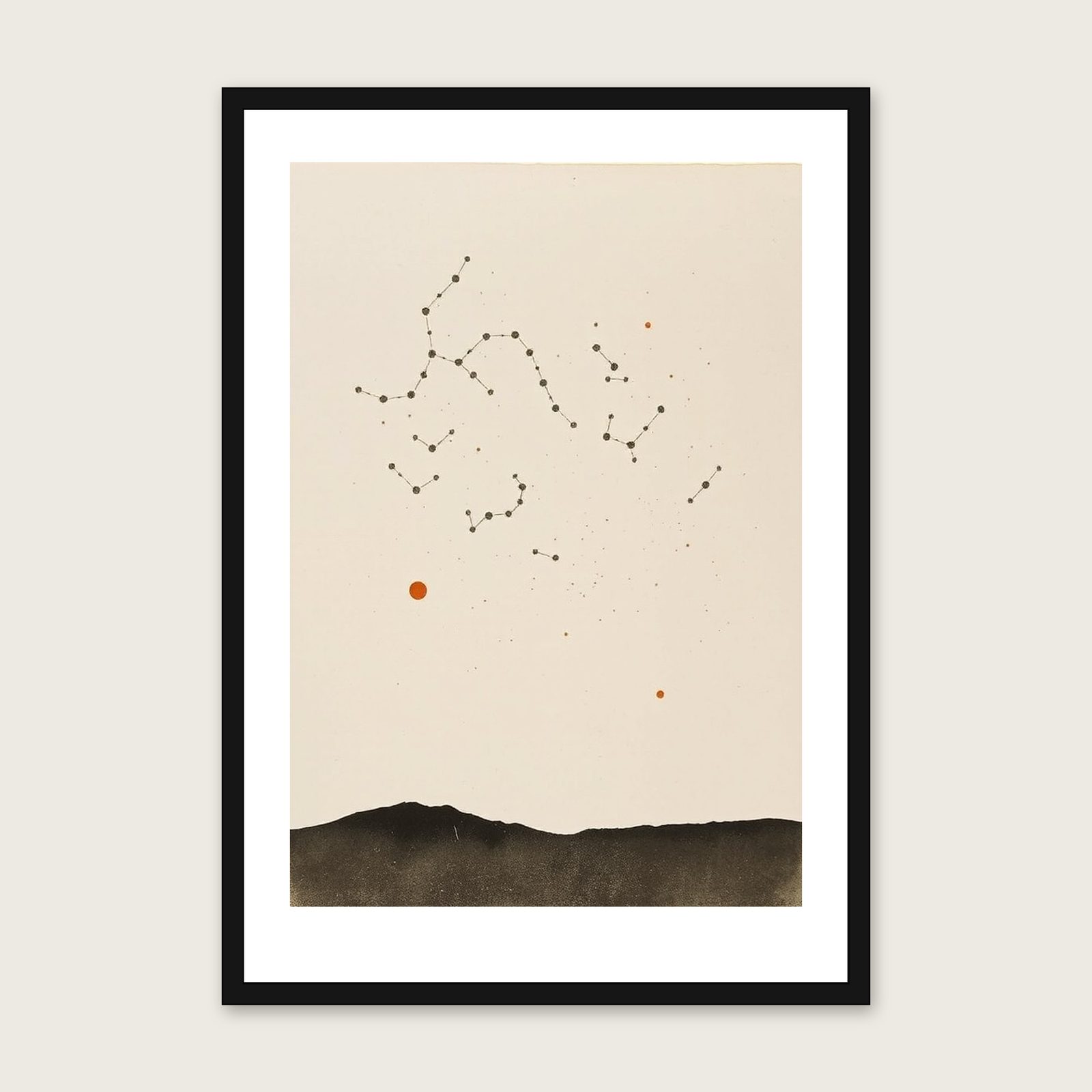 The Constellation Cygnus Monotype Print - Framed Neutral & Beige Celestial Wall Art in a black frame