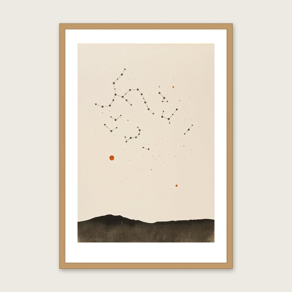 The Constellation Cygnus Monotype Print - Framed Neutral & Beige Celestial Wall Art - Oak Frame, A3