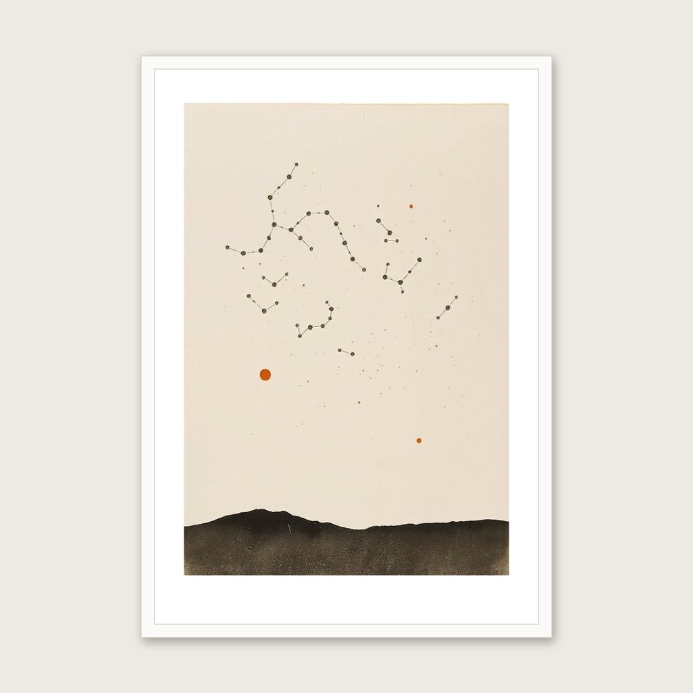 The Constellation Cygnus Monotype Print - Framed Neutral & Beige Celestial Wall Art - White Frame, A3
