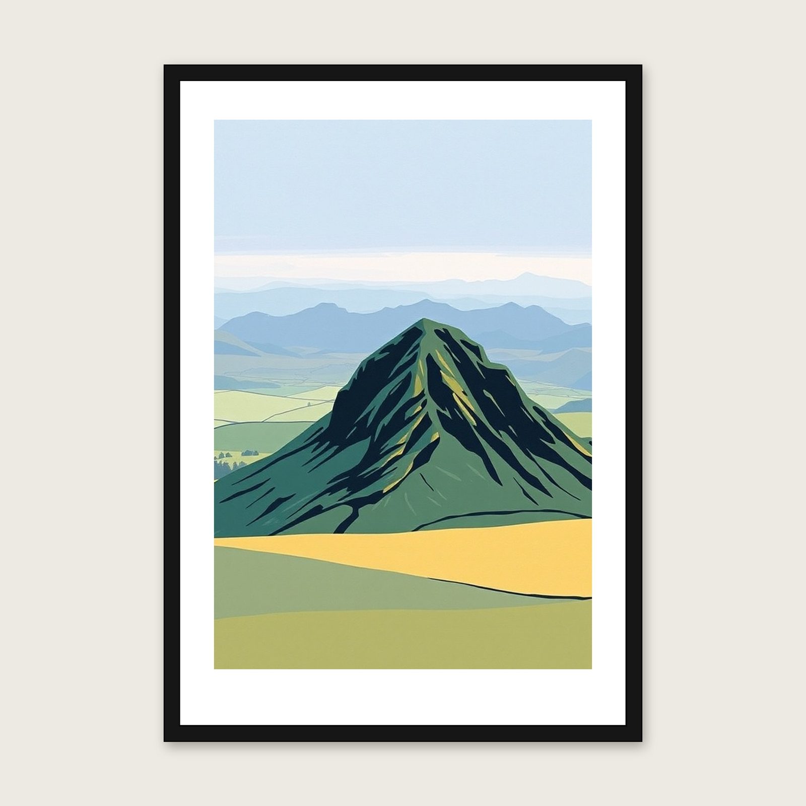 Crib Goch Landscape Wall Art - Framed Two Tone Gouache Print in a black frame