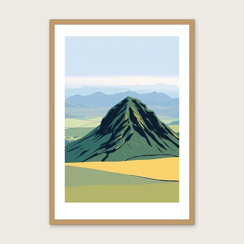 Crib Goch Landscape Wall Art - Framed Two Tone Gouache Print in a oak frame