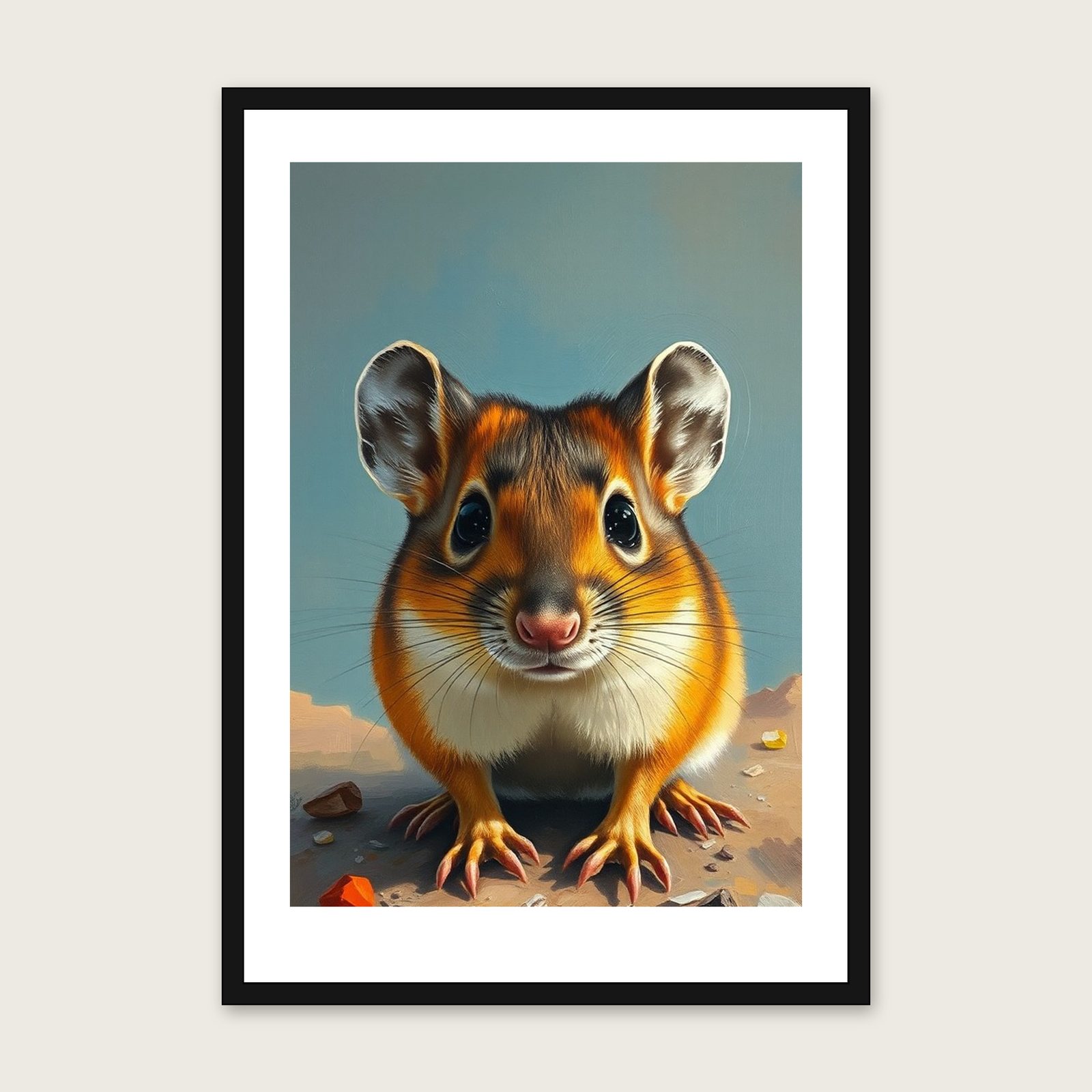 Framed Impasto Print of Field Mouse - Colourful Animal Wall Art in a black frame