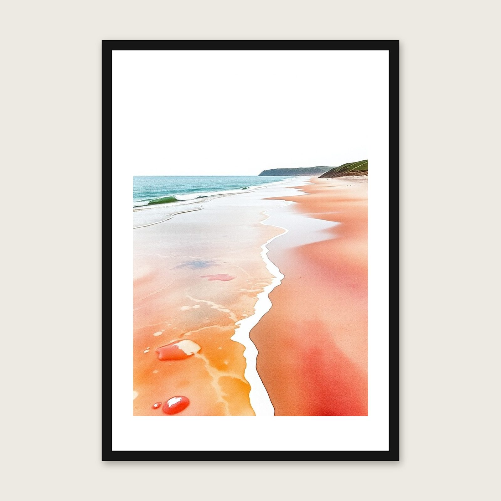 Fistral Beach Landscape Wall Art - Framed Two Tone Watercolour Print shown in a black frame