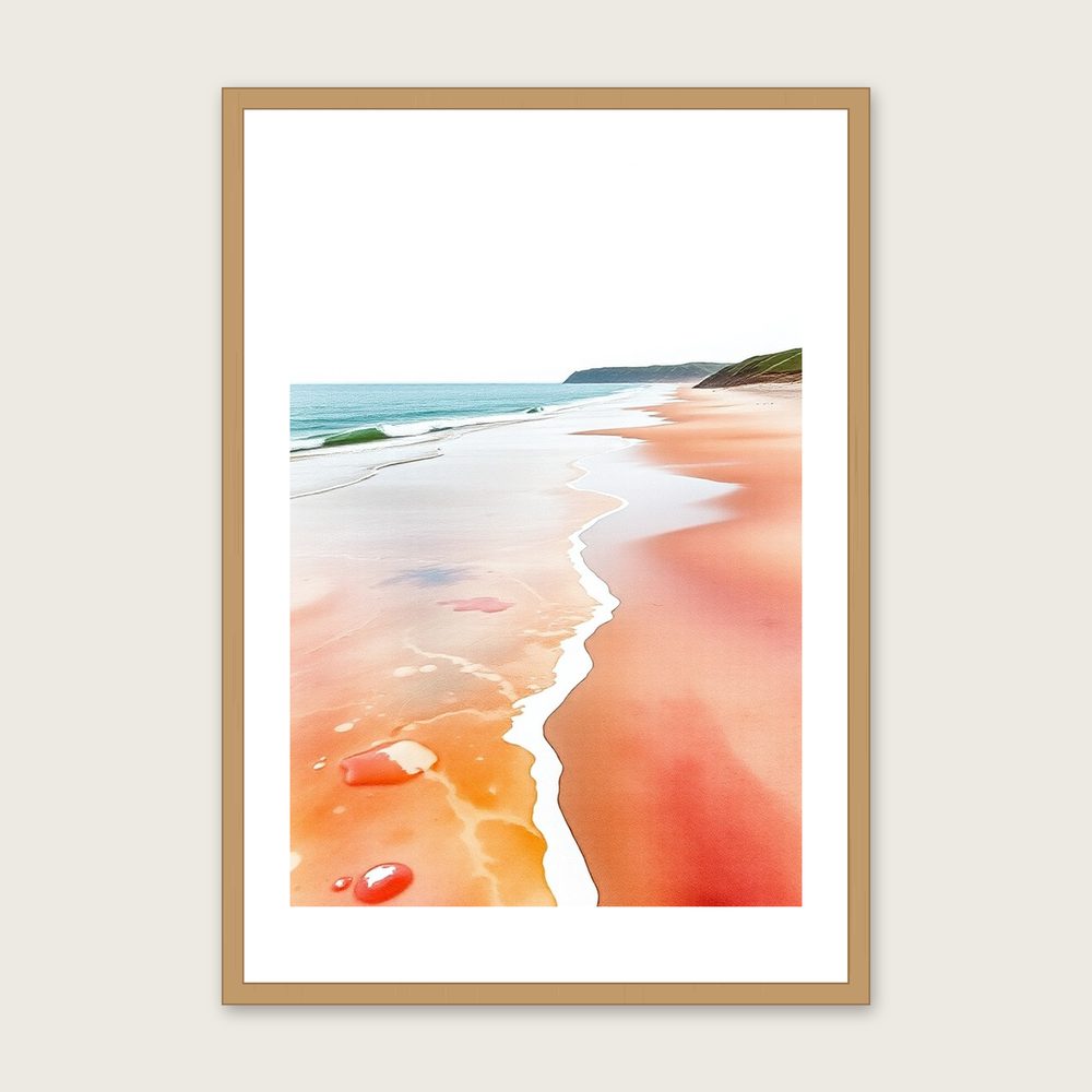 Fistral Beach Landscape Wall Art - Framed Two Tone Watercolour Print in a oak frame