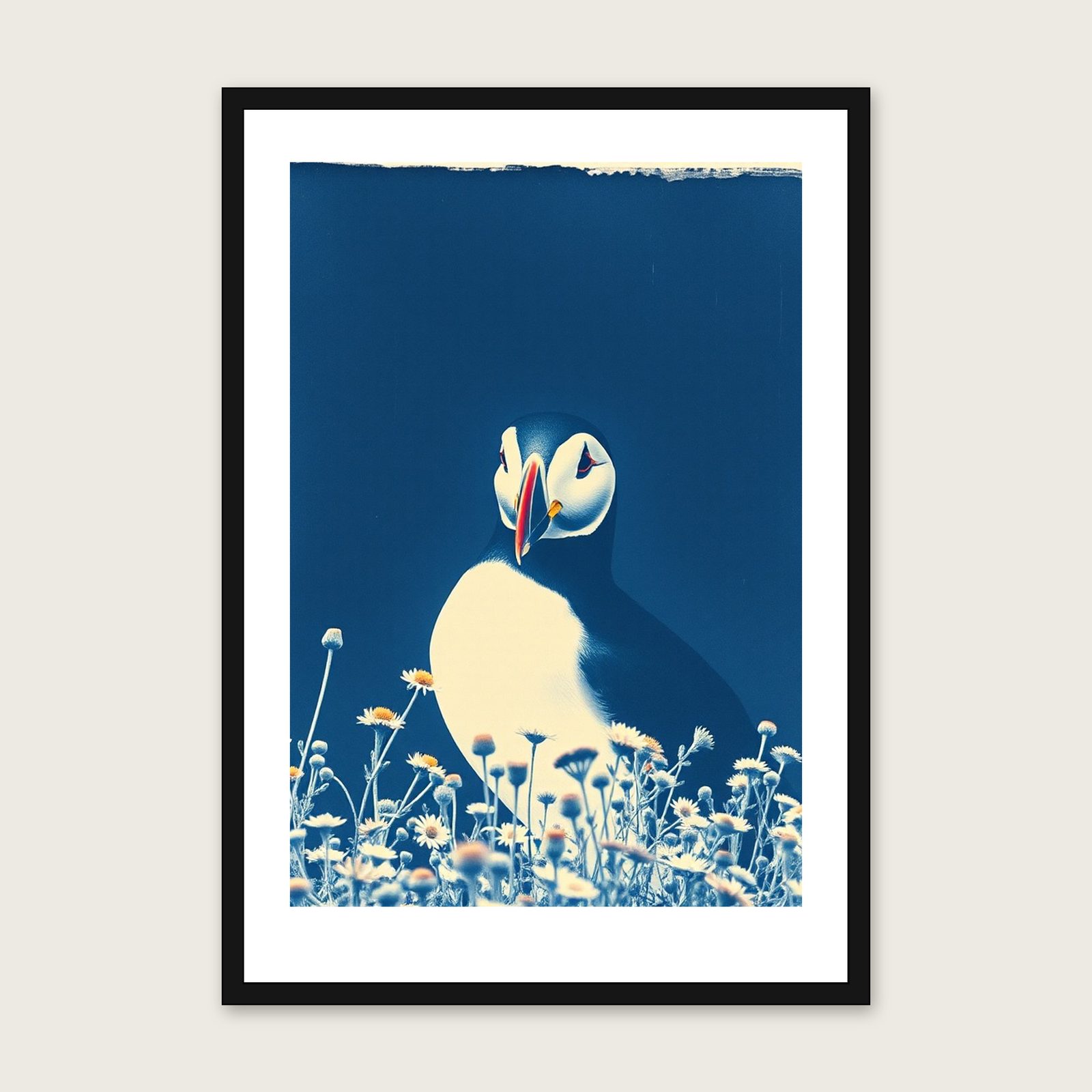 Framed Cyanotype Print of Puffin - Two Tone Animal Wall Art shown in a black frame