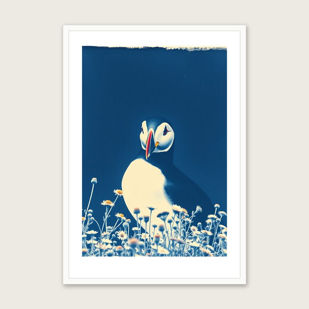 Framed Cyanotype Print of Puffin - Two Tone Animal Wall Art in a white frame
