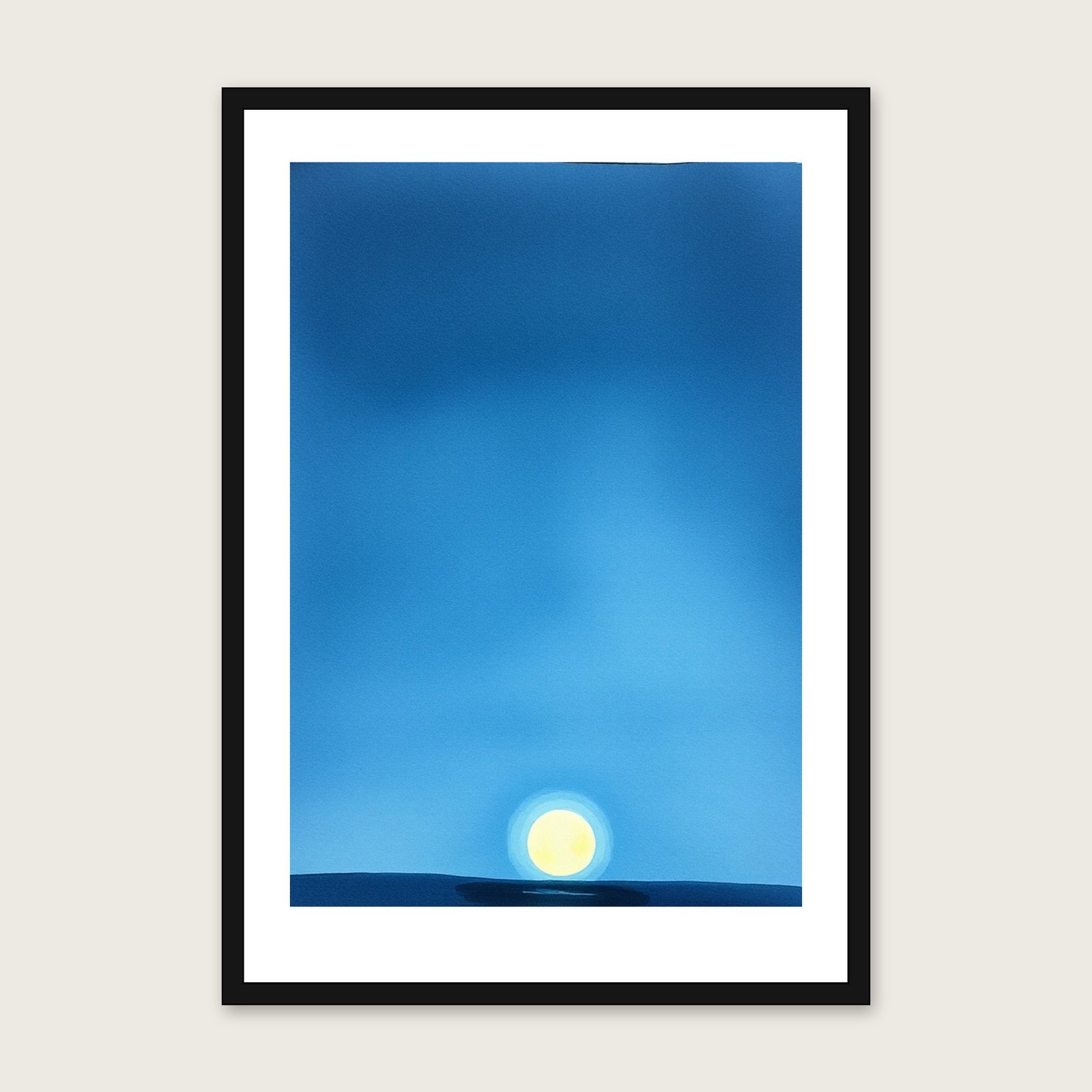 A Moonrise Over Water - Framed Watercolour Celestial Print in Two Tone shown in a black frame