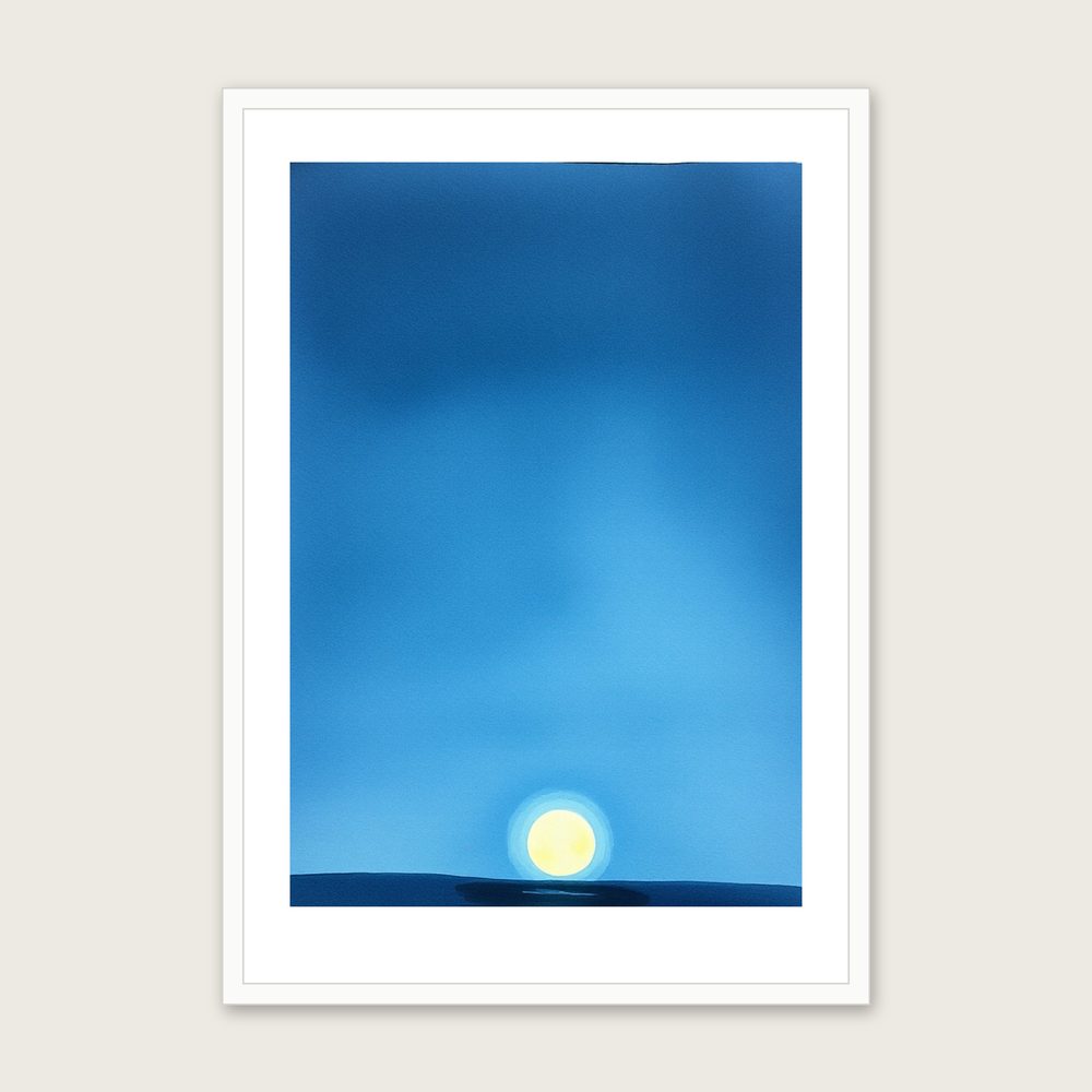 A Moonrise Over Water - Framed Watercolour Celestial Print in Two Tone - White Frame, A3