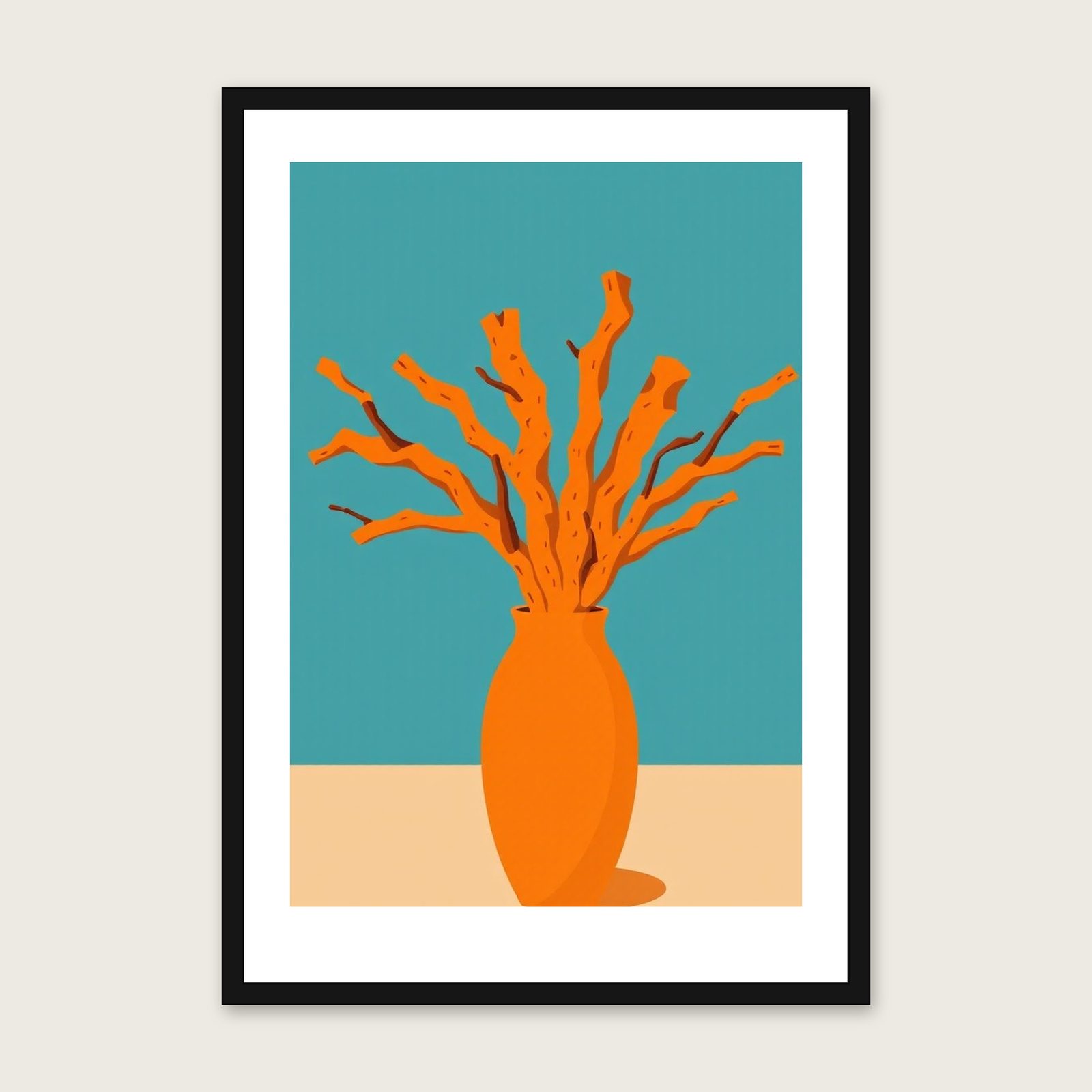 Cork Oak Bark Screen Print - Framed Bold Colour Botanical Wall Art shown in a black frame