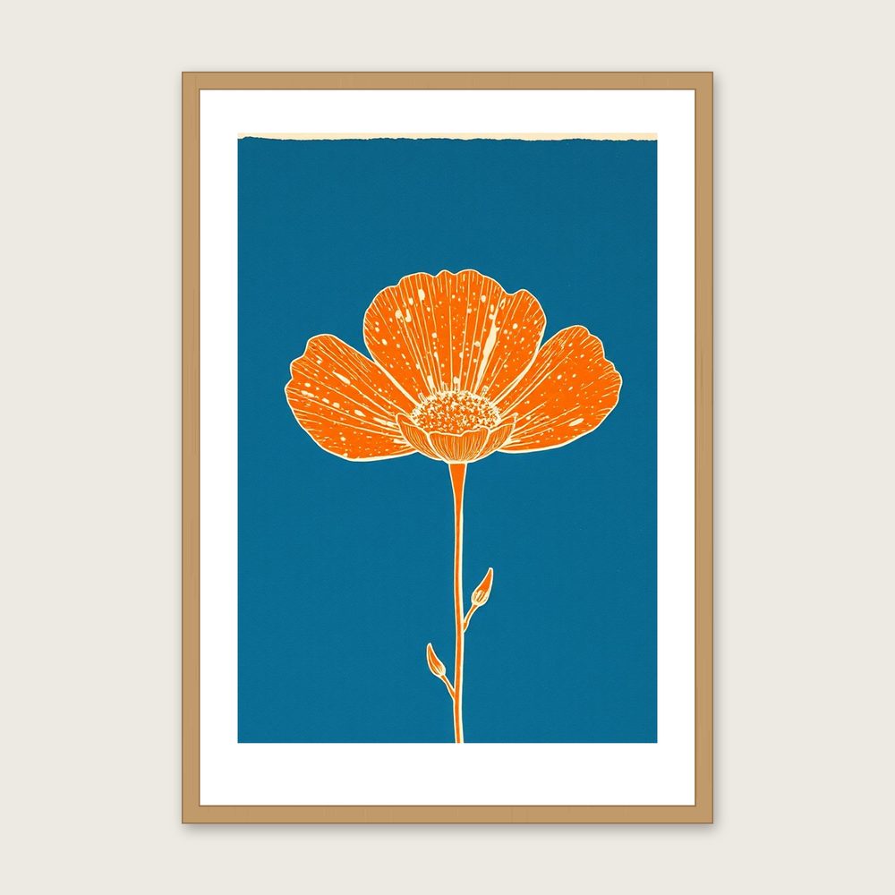 Oxlip Linocut Print - Framed Bold Colour Botanical Wall Art in a oak frame