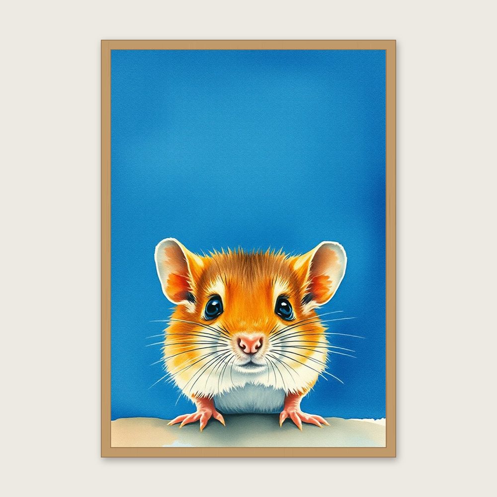 Harvest Mouse Animal Wall Art - Framed Bold Colour Watercolour Print - Oak Frame, A3