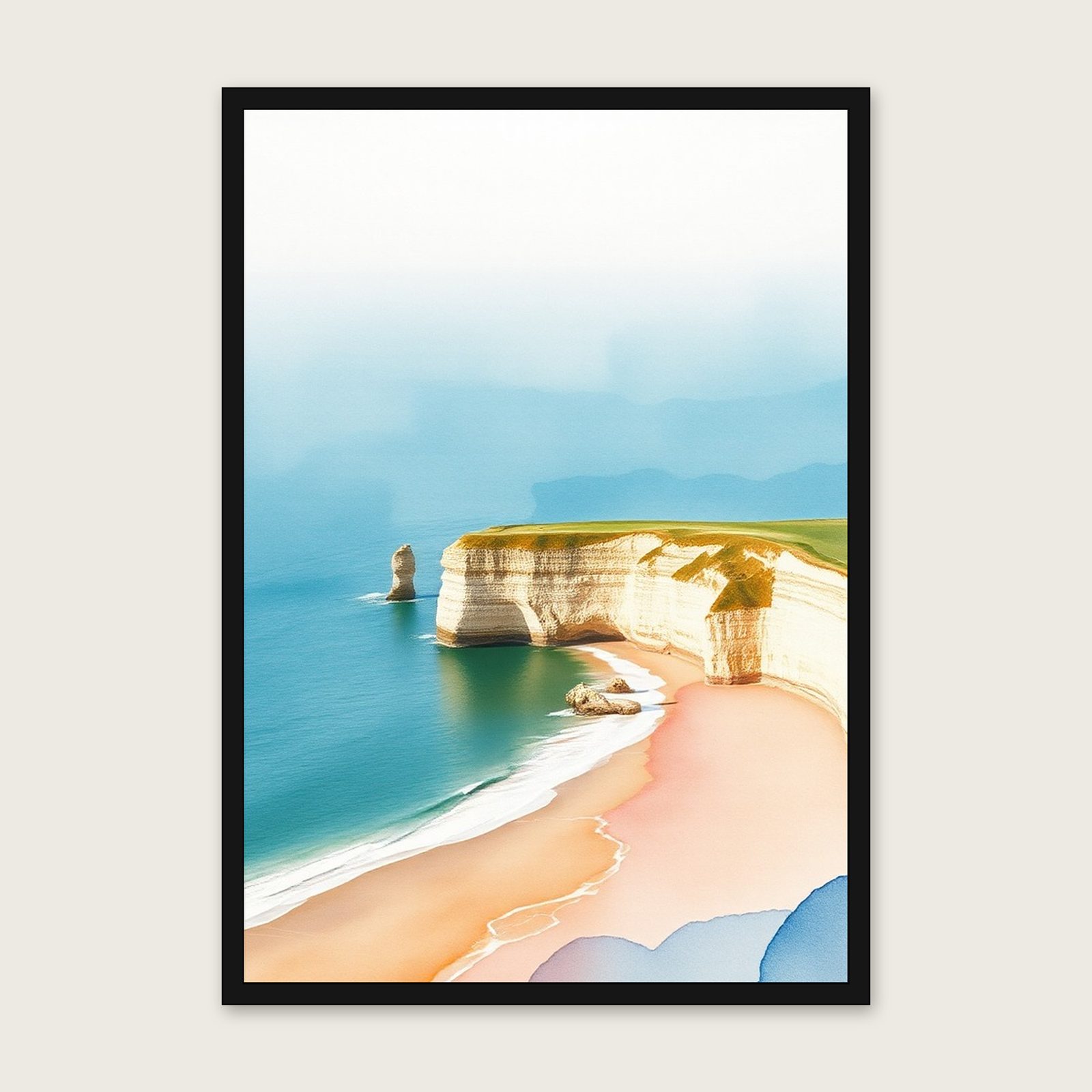 Three Cliffs Bay - Framed Watercolour Landscape Print in Two Tone in a black frame