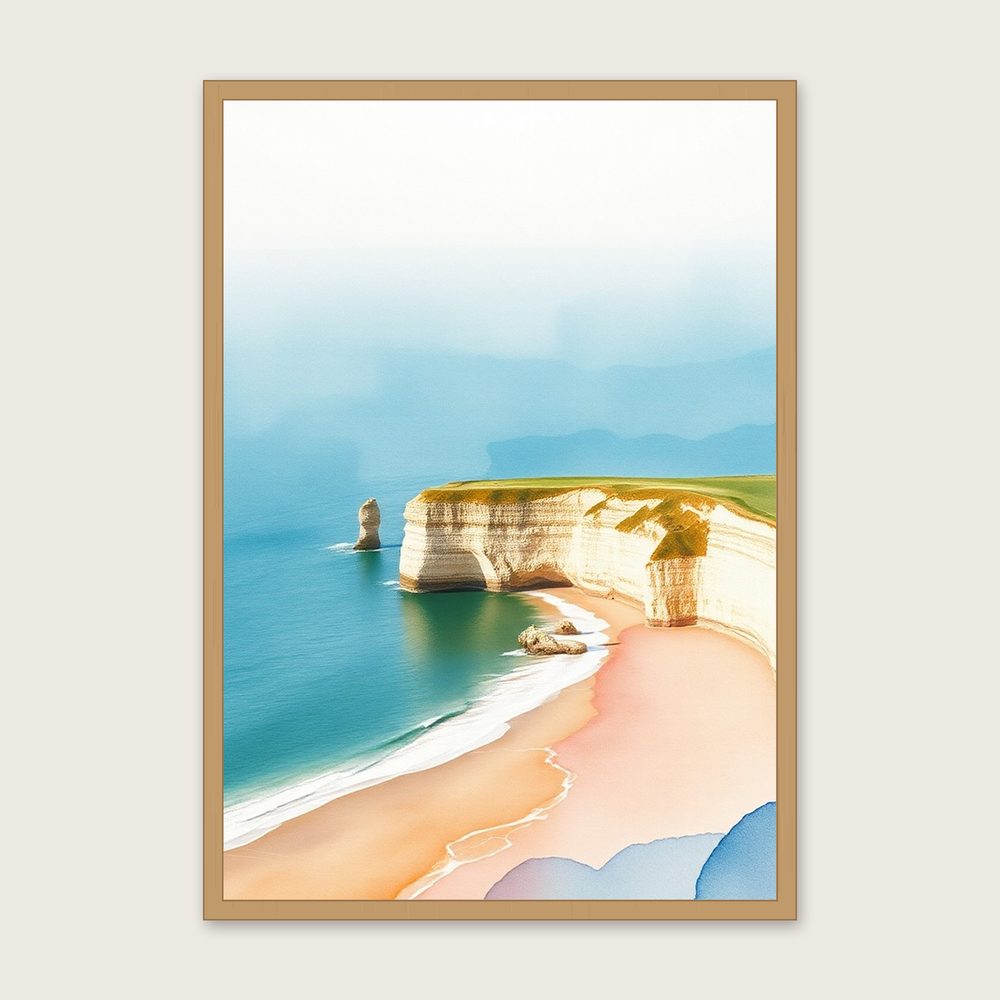 Three Cliffs Bay - Framed Watercolour Landscape Print in Two Tone in a oak frame