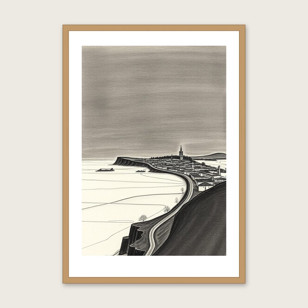 Framed Charcoal Print of Northumberland National Park - Black & White Landscape Wall Art - Oak Frame, A3