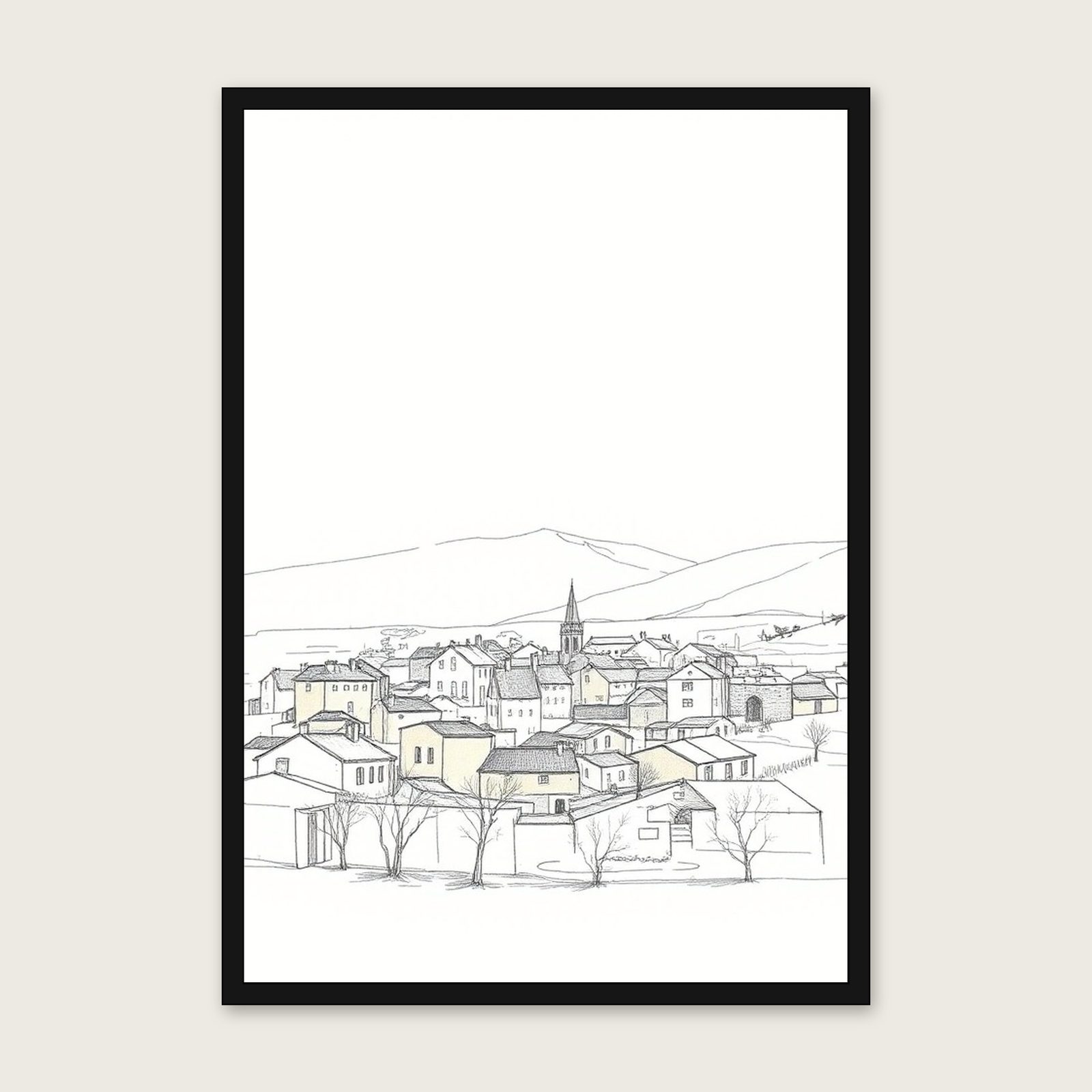 Ben Lomond Pencil Sketch Wall Art - Framed Neutral & Beige Print shown in a black frame