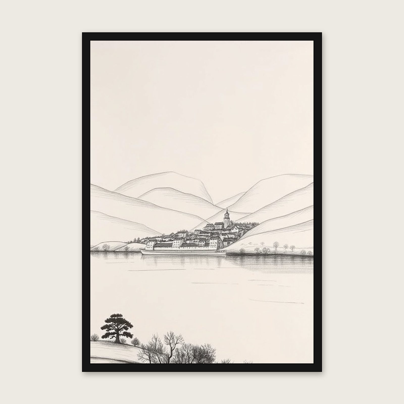 Loch Lochy Charcoal Print - Framed Black & White Landscape Wall Art shown in a black frame