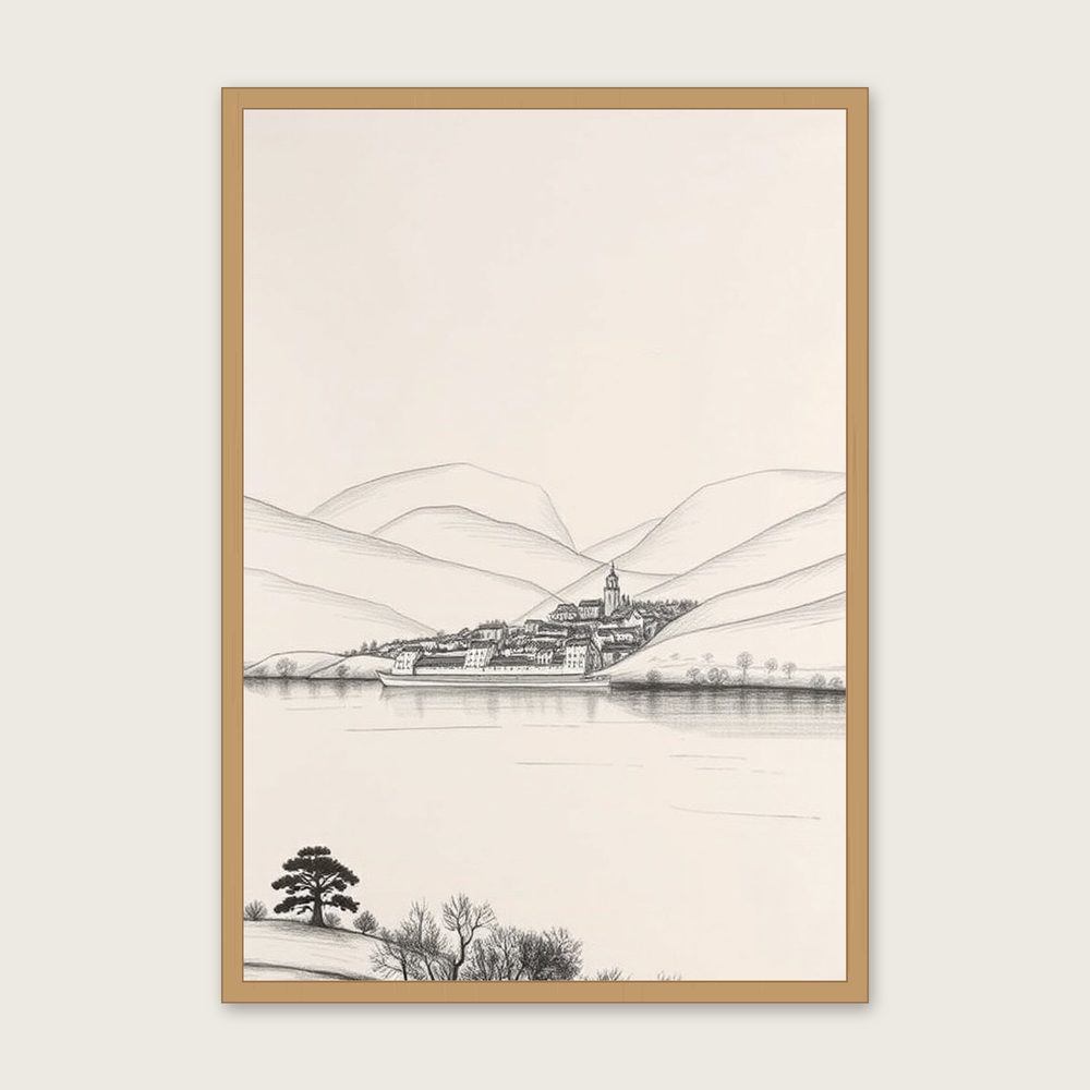 Loch Lochy Charcoal Print - Framed Black & White Landscape Wall Art - Oak Frame, A3